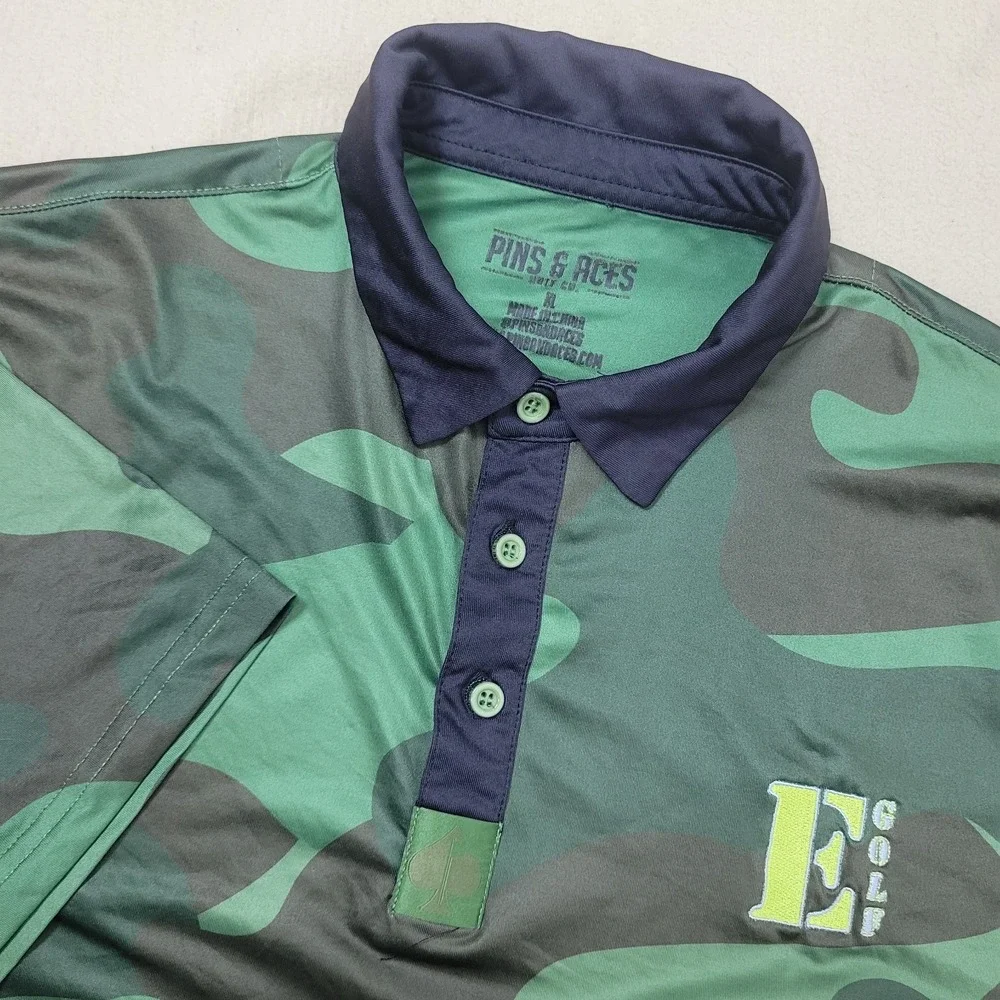 Pins & Aces‎ Mens XL Green Camo Performance Stretch Golf Polo Short Sleeve